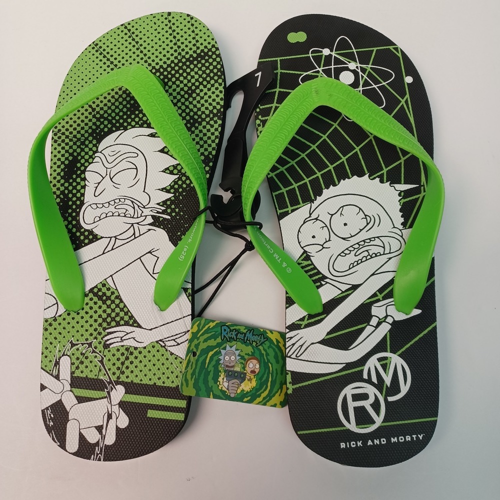 Rick and Morty Graphic Flip Flops Neon Green Men's Size 7‎ Bioworld
